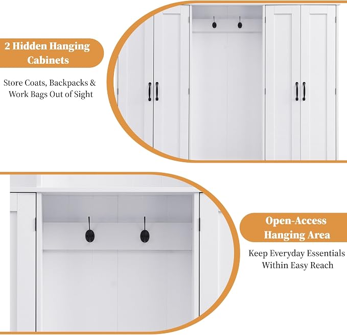 62.2" W Hall Tree with Bench and Shoe Storage,Shoe and Coat Rack with Cabinets and Hooks,Farmhouse Furniture for Entryway,Mudroom,Living Room,White