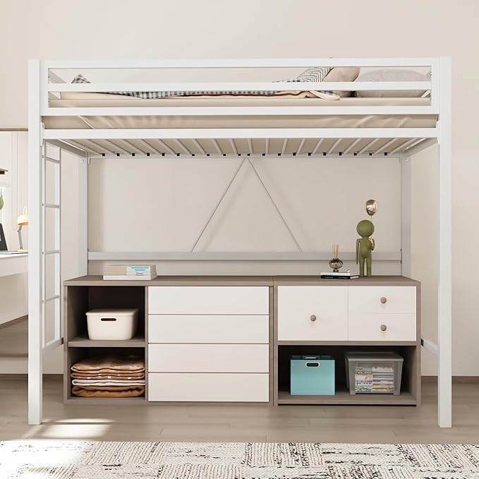 Allewie Metal Loft Bed Twin Size with Guardrail and Ladder,White | Small Space Saving Design for Bedroom Kid Room and Dorm, No Box Spring Needed
