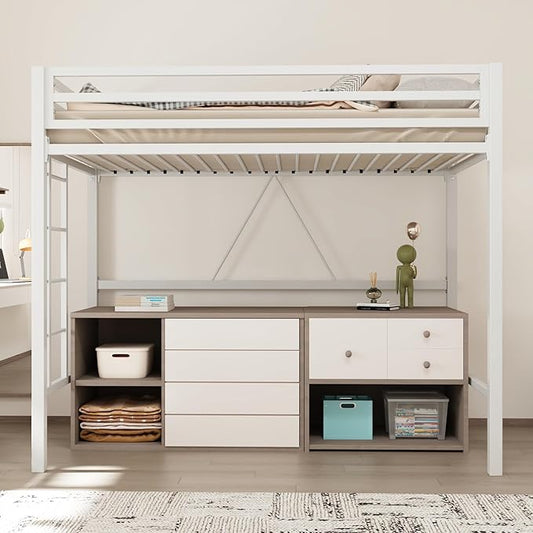 Allewie Metal Loft Bed Twin Size with Guardrail and Ladder,White | Small Space Saving Design for Bedroom Kid Room and Dorm, No Box Spring Needed