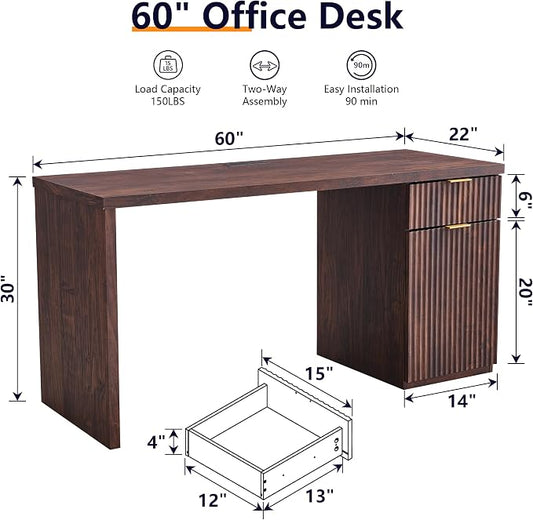 60" Modern Home Office Desk, Reversible Left‑Right Cabinet, Built‑in Outlet | Reversible design lets you fix the cabinet on left‑hand or right‑hand side to fit your room layout