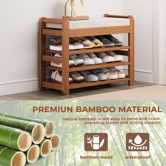 27.6" Bamboo Shoe Bench with Cushion, 3-Tier Adjustable Storage Bench for Entryway, Heavy Duty Shoe Rack Organizer with Removable Soft Cushion for Living Room Bedroom Hallway