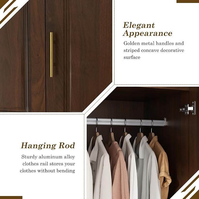 Hlivelood Large Armoire Wardrobe Closet Cabinet with Drawers and LED Lights, Multi-Tier Shelves, Hanging Rod, Large Capacity Storage 4 Door Wardrobe Armoire with Top Cabinet for Bedroom, Brown