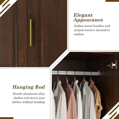Hlivelood Large Armoire Wardrobe Closet Cabinet with Drawers and LED Lights, Multi-Tier Shelves, Hanging Rod, Large Capacity Storage 4 Door Wardrobe Armoire with Top Cabinet for Bedroom, Brown
