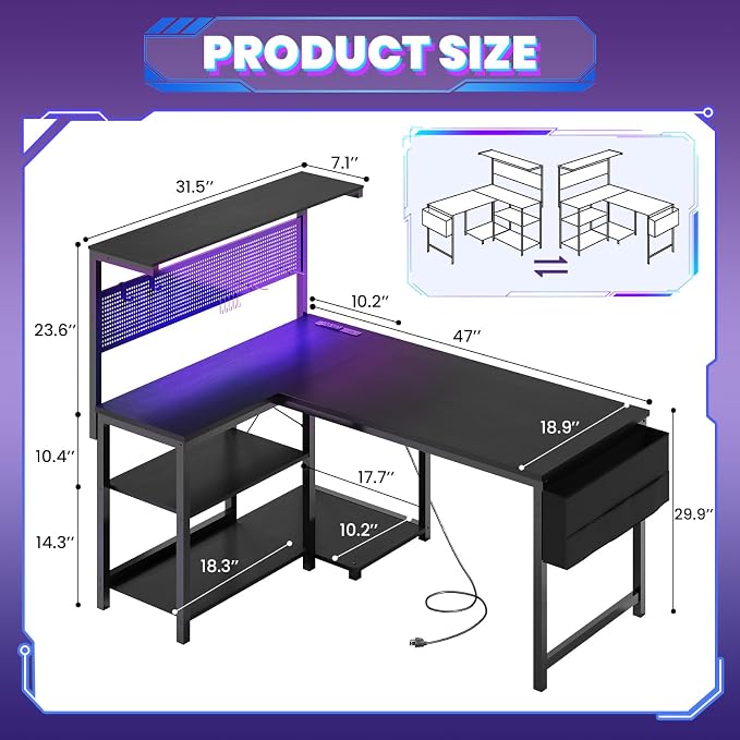 Apicizon L Shaped Desk Gaming Desk with LED Light & Power Outlet, 47 Inch Reversible Computer Desk with Pegboard & Shelf & Storage Bag for Home Office, Black
