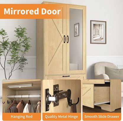 72" Wardrobe Closet with Mirror, Bedroom Armoire with Drawers, Hanging Rod and LED Light, Farmhouse Wooden Clothes Storage Cabinet for Bedroom, Guest Room, Apartment,Natural