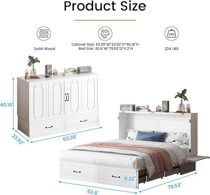 PUREMIND Queen Murphy Bed with Mattress Included, Solid Wood Cabinet Bed with Storage Drawer, USB Charging Ports and Folding Tray, Space Saving Hideaway Murphy Beds Cabinet for Guest Room