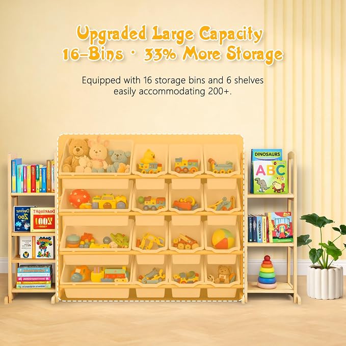 Kids Toy Storage Organizer with Bookshelf – Wooden Shelf with 16 Bins & 6 Shelves, Quick Assembly Storage Rack for Playroom, Bedroom, Nursery - White