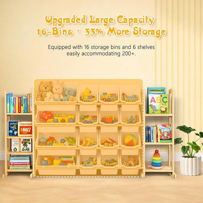 Kids Toy Storage Organizer with Bookshelf – Wooden Shelf with 16 Bins & 6 Shelves, Quick Assembly Storage Rack for Playroom, Bedroom, Nursery - White
