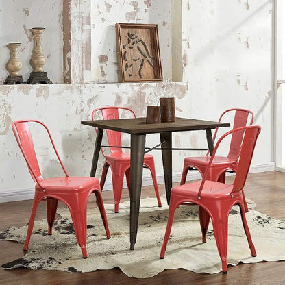 Devoko Metal Indoor-Outdoor Chairs Distressed Style Kitchen Dining Chairs Stackable Side Chair with Back Set of 4 (Red)