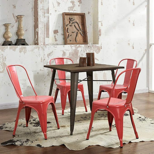 Devoko Metal Indoor-Outdoor Chairs Distressed Style Kitchen Dining Chairs Stackable Side Chair with Back Set of 4 (Red)