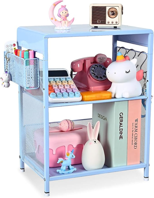 Sky Blue Kids Nightstand, Small Nightstand for Bedroom, End Table with Hooks and Holder, Toddler Bedside Table, Desk Organizer for Office, Small Desk for Living Room, Dorm (Sky Blue)