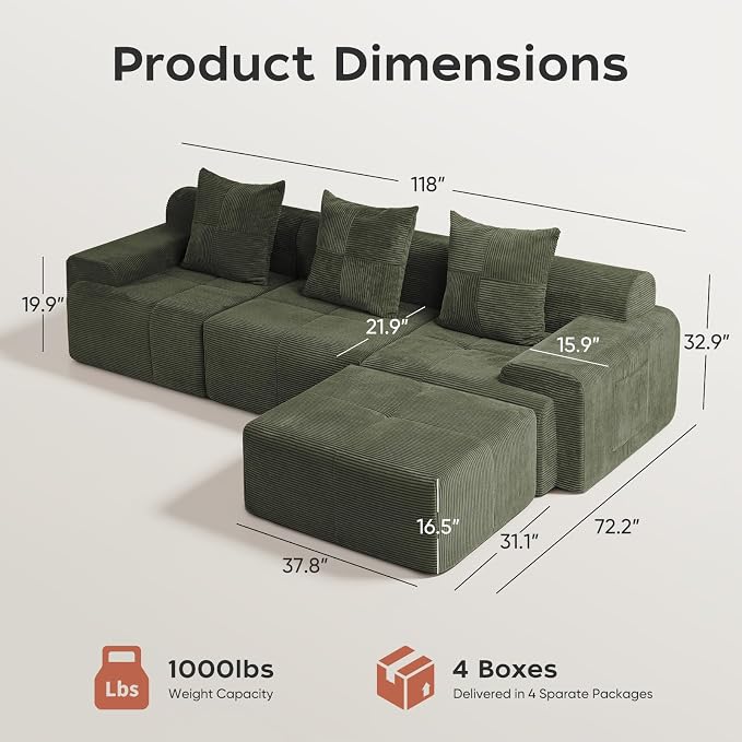 118" Sectional Boneless Oversize Modular Couches, Curved Cloud Sectional Sofa for Living Room, Corduroy L Shape Deep Seat Sofa with Ottoman & 3 Throw Pillows, No Assembly Required,Green