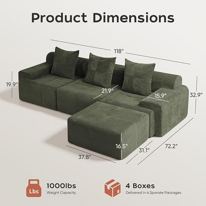 118" Sectional Boneless Oversize Modular Couches, Curved Cloud Sectional Sofa for Living Room, Corduroy L Shape Deep Seat Sofa with Ottoman & 3 Throw Pillows, No Assembly Required,Green