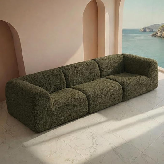 Curved Sectional Modular Couch with Chaise, Modern 110.24'' Boneless Sofa with Deep Seat, Sherpa Boucle Cloud Couch for Living Room, Cozy Teddy 3 Seater Couches，No Assembly, Green