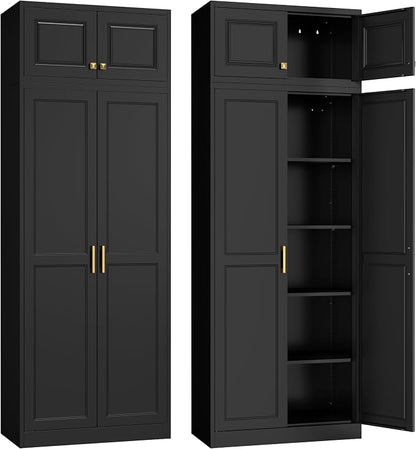 Steeloong86“ Kitchen Pantry Cabinet,Metal Storage Cabinets with Doors and 4 Adjustable Shelves,Black Kitchen Cabinet with 4 Gold Handles,Tall Cabinet for Livingroom,Pantry, Bathroom