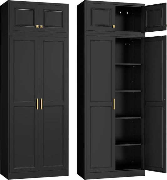 Steeloong86“ Kitchen Pantry Cabinet,Metal Storage Cabinets with Doors and 4 Adjustable Shelves,Black Kitchen Cabinet with 4 Gold Handles,Tall Cabinet for Livingroom,Pantry, Bathroom
