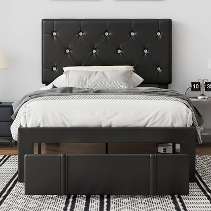 VECELO Twin Size Bed Frame with Storage Drawers, Leather Upholstered Bedframe with Diamond Tufted Headboard, Solid Wood Slat Support, No Box Spring Needed, PU Black