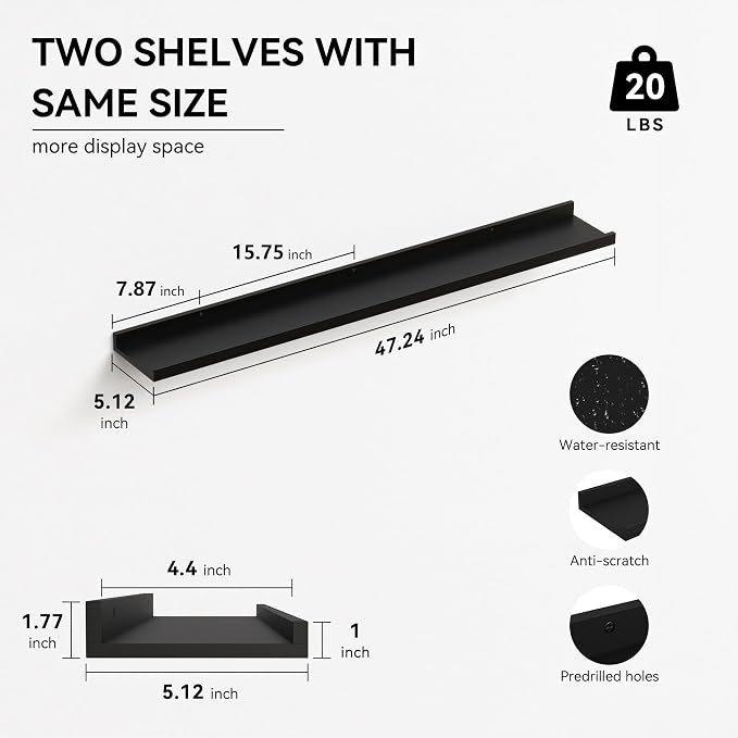 Boswillon 47.2 Inches Long Floating Shelves Wall Mounted, 2 Set Modern Wall Shelf for Bedroom, Nursery Book Shelf with Lip, Picture Ledge Shelf for Decor Living Room Bathroom Kitchen - Black