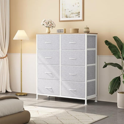 OLIXIS 8 Drawer Storage Dresser with Wood Top - Wide Fabric Chest Organizer for Bedroom, Closet, Living Room,Tower Cabinet, TV Stand, Hallway Entryway Furniture,Light Grey
