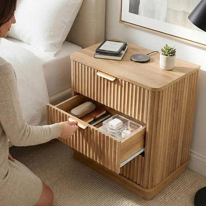 LYNCOHOME 23 inch Wide Fluted Nightstand with 3 Drawers, Modern Curved Bedside Table,Wood Night Stand with Storage,End Table for Bedroom & Living Room,Dresser for Bedroom Living Room,Natural,Oak
