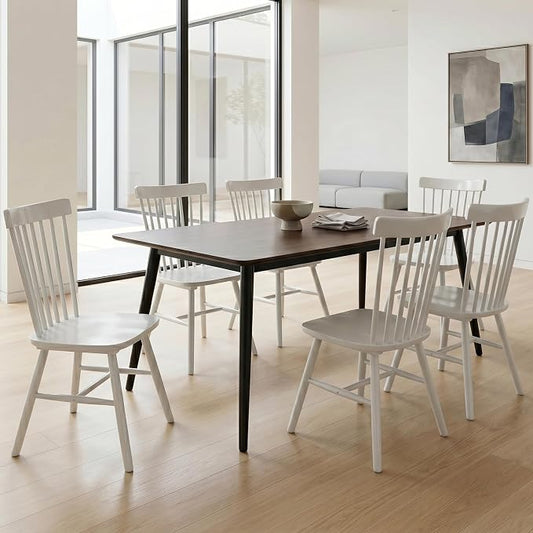 AreShark Windsor Dining Chairs, Farmhouse Wooden Dining Room Chairs, Solid Wood Kitchen Chairs with Spindle Back Set of 6, White