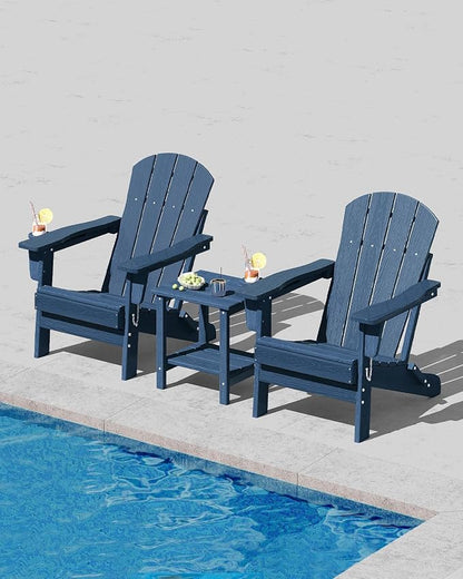 Garvee Folding Adirondack Chair Set of 2 with Side Table, HDPE Outdoor Patio Chair with Cup Holder, All Weather Resistent Wooden Textured for patios, Decks, Gardens, fire Pit, Navy Blue