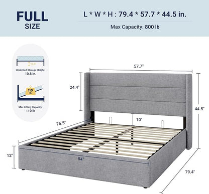 Allewie Full Size Lift Up Storage Bed, Modern Wingback Headboard, Hydraulic Support, No Box Spring Needed, Light Grey