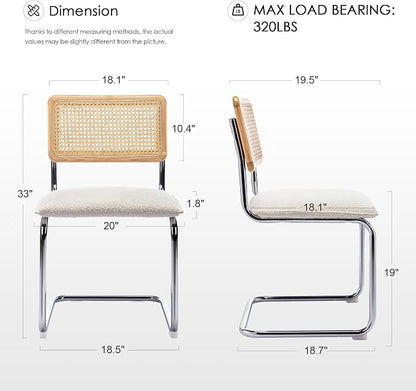 Zesthouse Natural Rattan Dining Chairs Set of 4, Modern Kitchen Chairs with Solid Wood Back for Dining Room Living Room, Mid Century Breuer Design Inspired, Upholstered Boule Fabric, White
