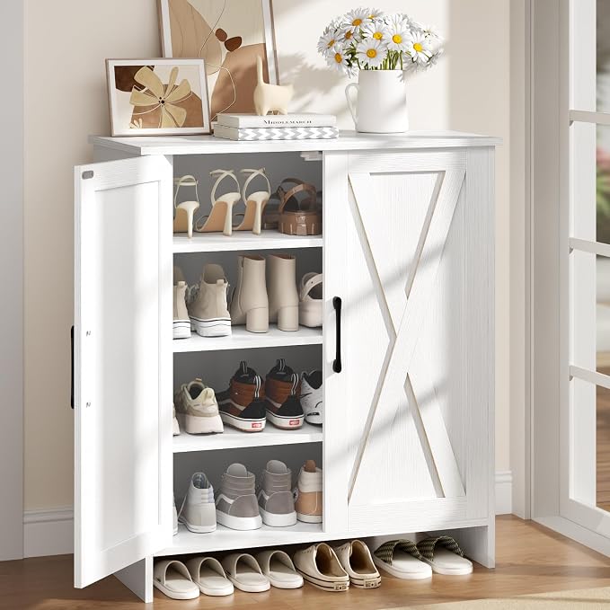 Farmhouse Shoe Storage Cabinet, 5-Tier Wooden Shoe Cabinet Organizer with 2 Barn Doors & 3 Adjustable Shelves, Shoe Cabinet for Entryway, Hallway, White