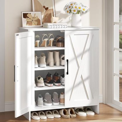 Farmhouse Shoe Storage Cabinet, 5-Tier Wooden Shoe Cabinet Organizer with 2 Barn Doors & 3 Adjustable Shelves, Shoe Cabinet for Entryway, Hallway, White