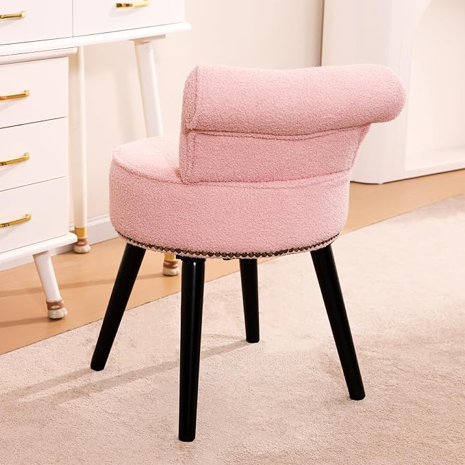 Vanity Chair with Backrest, Boucle Upholstery Armless Makeup Stool, Vanity Stool with for Bedroom Living Room Kitchen Dinning Room (Sherpa Pink)