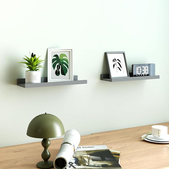 Floating Shelves for Wall Decor, Wall Mounted Wood Storage Shelf for Bedroom, Living Room, Bathroom, Kitchen, Nursery, Display Picture Ledge Shelf with Lip Set of 2-14 Inches, Grey