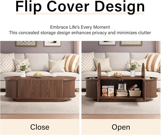 HSH 47" Oval Coffee Table with Storage, Walnut Coffee Table for Living Room | Modern Center Table with Press Type Door, Fluted Living Room Tables with 2 Flip-Top Hidden Lids, Wood Table