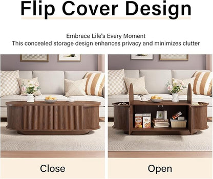 HSH 47" Oval Coffee Table with Storage, Walnut Coffee Table for Living Room | Modern Center Table with Press Type Door, Fluted Living Room Tables with 2 Flip-Top Hidden Lids, Wood Table