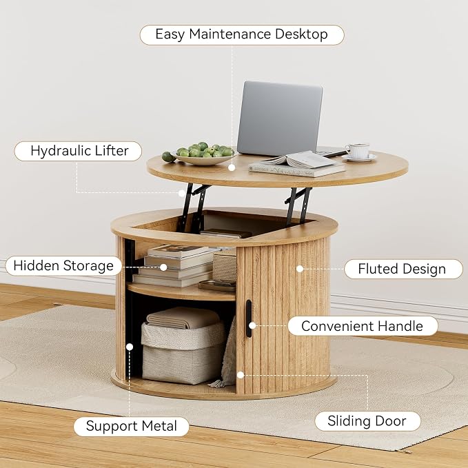 FABATO Round Lift Top Coffee Table, Fluted Wood Accent Coffee Table with Hidden Storage and Open Shelves, Drum Table with Sliding Rolling Door, Small Center Table Dining Table for Living Room, Wood