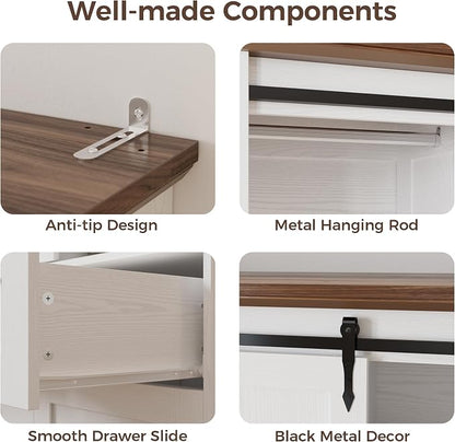 IRONCK Armoire Wardrobe Closet with 4 Drawers,71" Wardrobe Cabinet with Sliding Barn Doors, Tall Clothing Storage Cabinet with Hanging Rod and Shelves for Bedroom, White