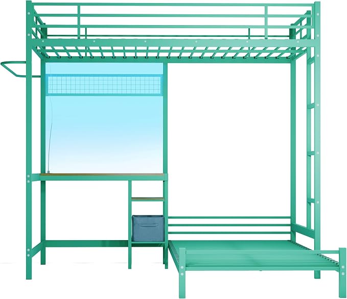 Bellemave Twin Over Twin bunk Bed with Desk and LED Charging Station, loft Bed with Desk and Shelves Drawer, Twin Over Twin Metal Bunk Beds with Storage, Green