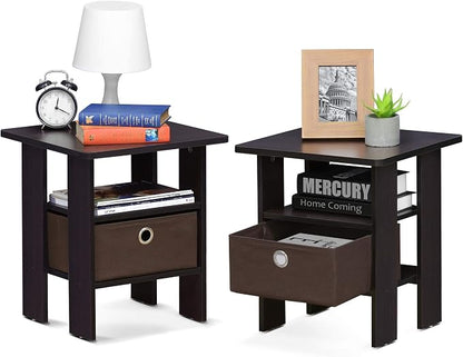 Furinno TIDUR Night Stand Set of 2, Nightstand with Storage, Dark Walnut | Open Shelf Design, Bedside Table, End Table, Side Table for Bedroom, Living Room