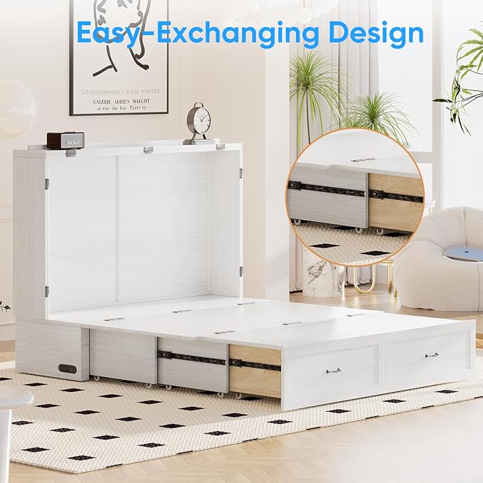 PUREMIND Queen Murphy Bed Cabinet, Bedroom Cabinet Beds with USB Charging Station, Murphy Chest Bed with Storage Drawers, Horizontal Wallbed for Guest Room White