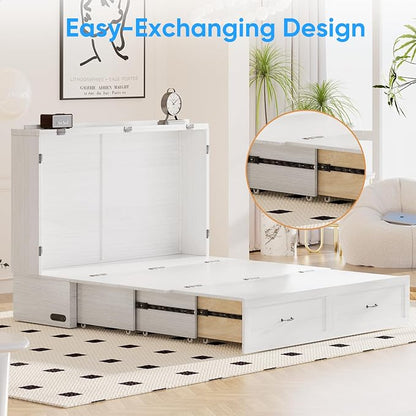 PUREMIND Queen Murphy Bed Cabinet, Bedroom Cabinet Beds with USB Charging Station, Murphy Chest Bed with Storage Drawers, Horizontal Wallbed for Guest Room White