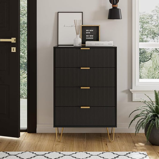 Masupu 4 Drawer Dresser, Drawer Chest, Tall Storage Chest Cabinet Organizer Unit with Metal Legs, Small Dresser for Bedroom, Living Room, Closet, Hallway Black Stripe