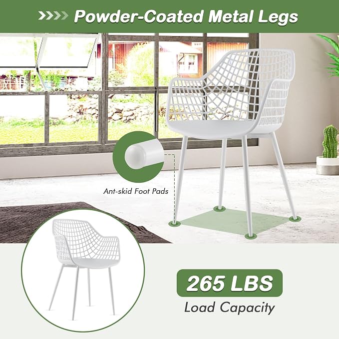 Giantex Modern Dining Chairs Set of 4 - White Arm Chair with 15" High Backrest, Powder-Coated Metal Legs, Anti-Slip Foot Pads, Max Load 265 lbs, Kitchen Dining Room