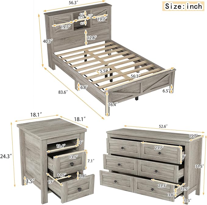 Farmhouse 3-Pieces Bedroom Sets, Full Size Wood Platform Bed with Nightstand and Dressing Table, Full Beds Frame with Double Sliding Door Headboard and Charging Station (Gray, Full)