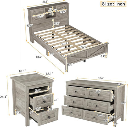 Farmhouse 3-Pieces Bedroom Sets, Full Size Wood Platform Bed with Nightstand and Dressing Table, Full Beds Frame with Double Sliding Door Headboard and Charging Station (Gray, Full)