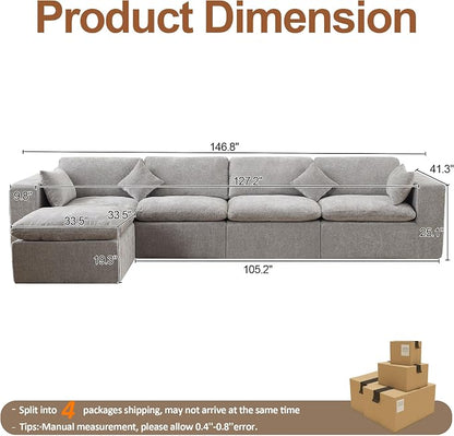 146''Cloud Boneless Sectional Couch, Modular Sectional Sofa Deep Seat with Ottoman, Oversized Upholstered Convertible Comfy 5 Seater Chenille Sofa L Shape Couches for Living Room, Light Grey