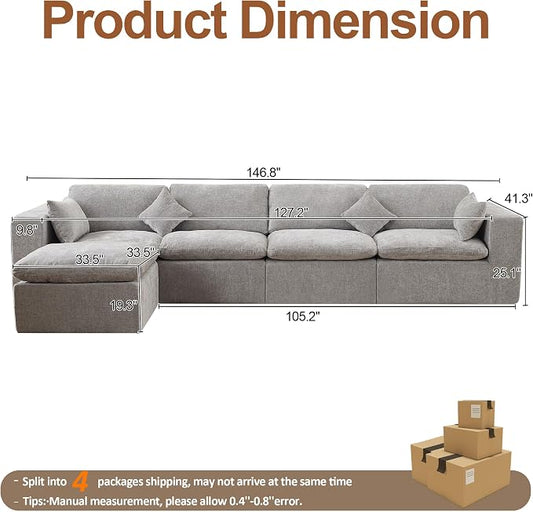 146''Cloud Boneless Sectional Couch, Modular Sectional Sofa Deep Seat with Ottoman, Oversized Upholstered Convertible Comfy 5 Seater Chenille Sofa L Shape Couches for Living Room, Light Grey