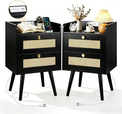 Nightstand with Charging Station, 2 Drawers, Boho Style Rattan Decor Bedside Table, Solid Wood Legs, Open Storage End Table for Bedroom, Small Spaces and Dorm, Black