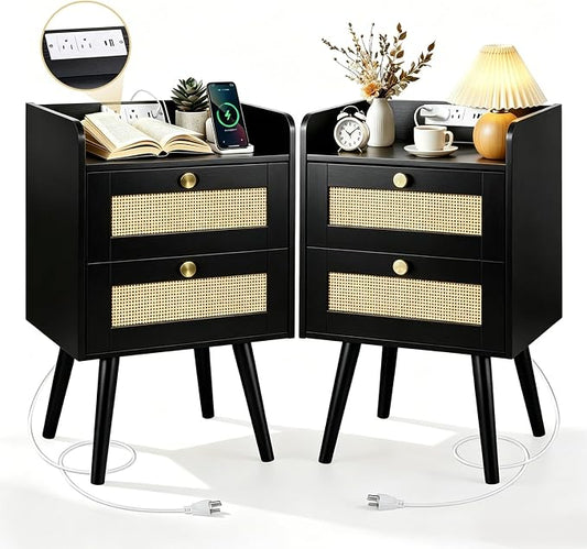 Nightstand with Charging Station, 2 Drawers, Boho Style Rattan Decor Bedside Table, Solid Wood Legs, Open Storage End Table for Bedroom, Small Spaces and Dorm, Black