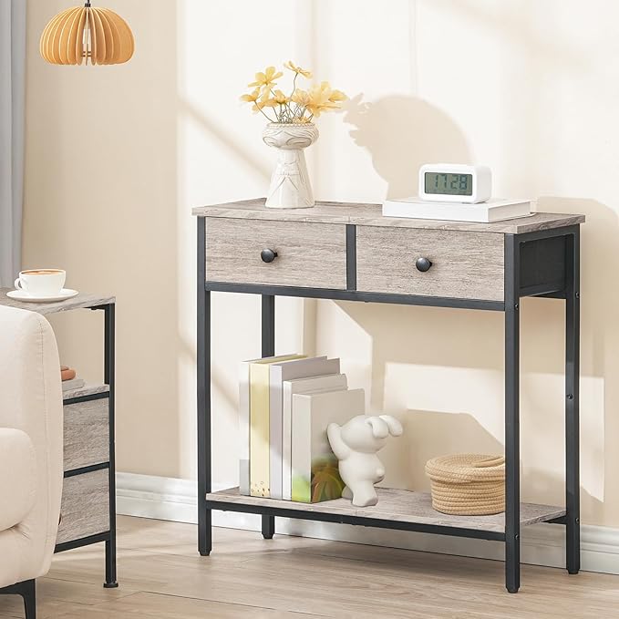 HOOBRO 29.5" Narrow Console Table with 2 Fabric Drawers, Small Entryway Table with 2-Tier Storage Shelves, Sofa Table, Behind Couch Table, for Living Room, Hallway, Greige and Black BG71XG01