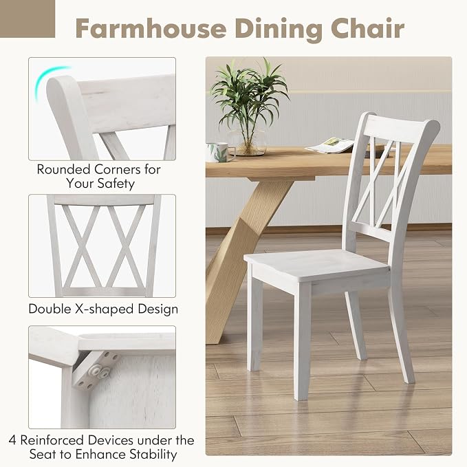 SIMOE Set of 4 Wooden Dining Chairs, Mid Century Farmhouse Kitchen Chairs, Solid Rubberwood Armless Side Chairs with High Back, Ergonomic Seats for Dining Room Living Room, White